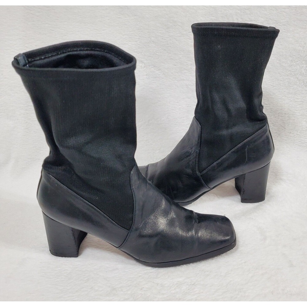 Stuart‎ Weitzman Boots Women 6.5 Black Leather Ankle Stretch Mid-Calf Square Toe